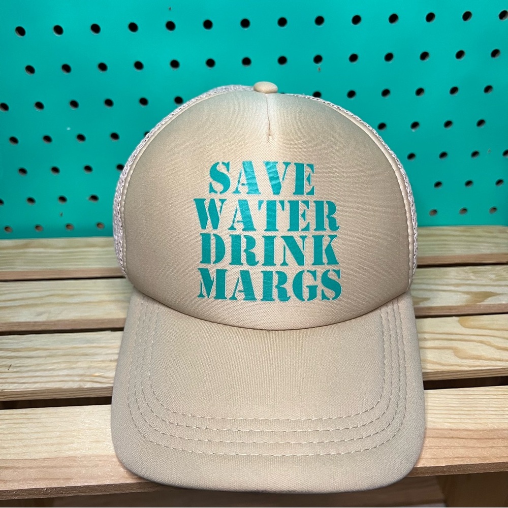 Save Water - Drink Margs - Tan Trucker Hat with Teal Text